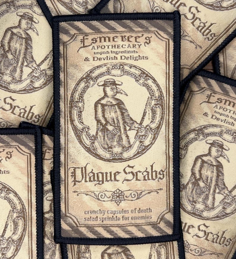 Plague doctor patch with vintage apothecary label design for jackets, bags, or dark horror collections.
