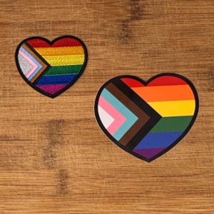 Trans Pride Sticker + Iron On Patch Set, Progress Pride Heart Design, Waterproof Water Bottle Sticker 3.5in, 2.5in Pride
