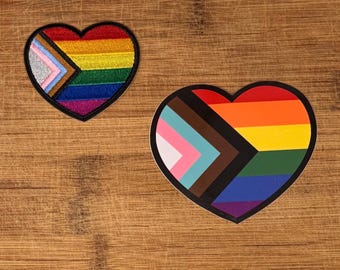 Trans Pride Sticker + Iron On Patch Set, Progress Pride Heart Design, Waterproof Water Bottle Sticker 3.5in, 2.5in Pride