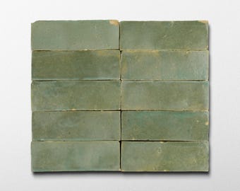 Handmade Moroccan Zellige 2x6 Asparagus Green Bejmat Terracotta Tile - Sample