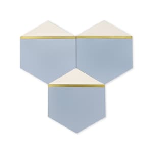 May include: Three hexagonal tiles with a light blue background and a thin gold stripe across the top of each tile. The tiles are arranged in a triangular pattern.