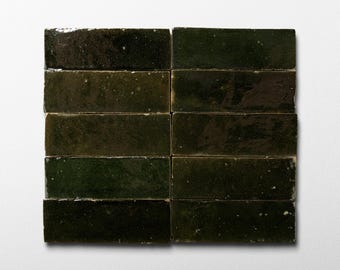 Handmade Moroccan Zellige 2x6 Kalamata Green Bejmat Terracotta Tile - Sample