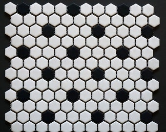 Retro White with Black Dot 1'' Hexagon Porcelain Mosaic Rosette Pattern Floor and Wall Tile, 12" x 12", Matte Finish - box of 10.90 sq ft