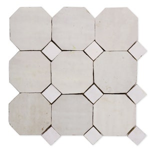 Moroccan Zellige Off White Octagon Mosaic with Snow White dots - 4x4 Sample