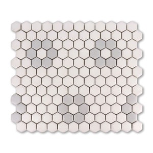 Metro Hex Matte White w/Grey Flower Porcelain Mosaic Tile, 10" x 12", Matte White - box of 8.28 sq ft
