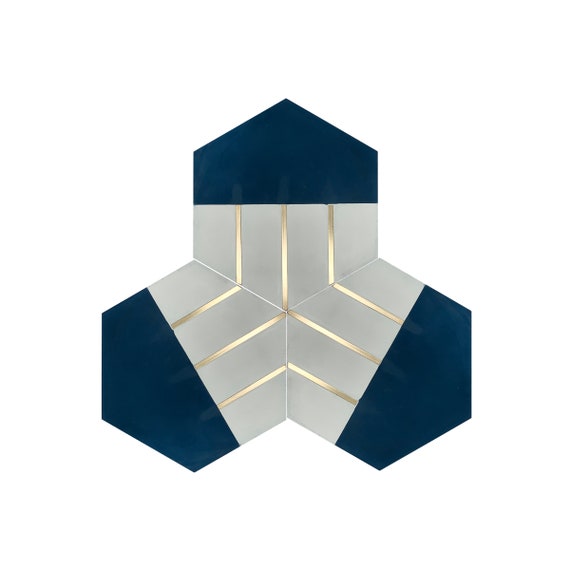 Claw Navy Blue Hexagon Cement Tile With Brass Inlay