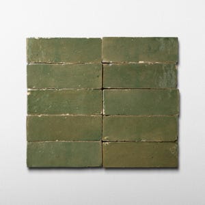 Handmade Moroccan Zellige 2x6 Moss Green Bejmat Terracotta Tile - Sample