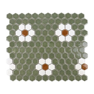 Metro Hex Glossy Green with White Flower Porcelain Mosaic Tile, 10" x 12", Glossy White - box of 8.28 sq ft