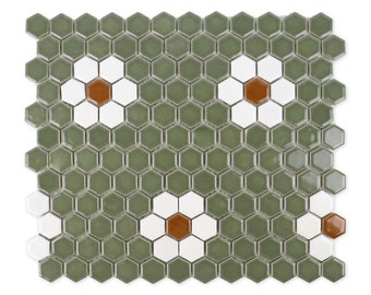 Metro Hex Glossy Green with White Flower Porcelain Mosaic Tile, 10" x 12", Glossy White - box of 8.28 sq ft