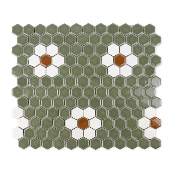 Metro Hex Glossy Green with White Flower Porcelain Mosaic Tile, 10" x 12", Glossy White - box of 8.28 sq ft