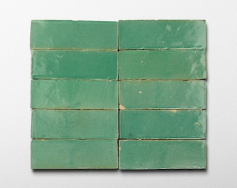 Handmade Moroccan Zellige 2x6 Santorini Green Bejmat Terracotta Tile - Sample