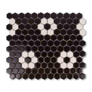 Metro Hex Glossy Black with White Flower Porcelain Mosaic Tile, 10" x 12" - box of 8.28 sq ft