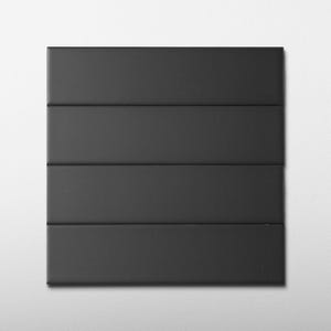 May include: A square, black, padded wall panel with four horizontal, evenly spaced, rectangular sections. The panel is a solid, matte black color and is set against a plain white background. The design is minimalist and modern.