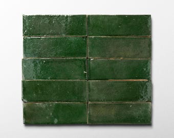Handmade Moroccan Zellige 2x6 Emerald Green Bejmat Terracotta Tile - Sample