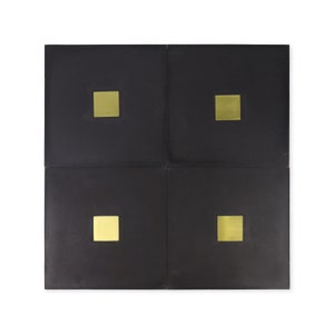 May include: Four black square panels arranged together, each with a centered gold square. The design is minimalist and geometric, with a modern aesthetic. The contrast between the black and gold creates a striking visual effect.
