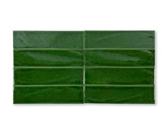 Handmade 2x8 Emerald Green Glossy Undulated Subway Tile - Sample