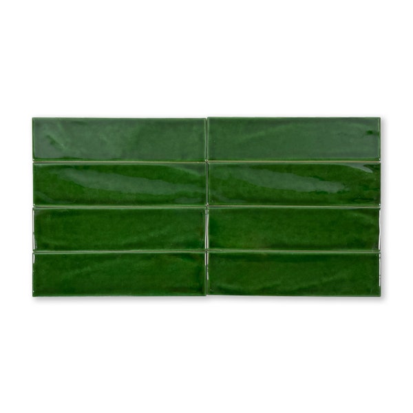 Handmade 2x8 Emerald Green Glossy Undulated Subway Tile - Sample