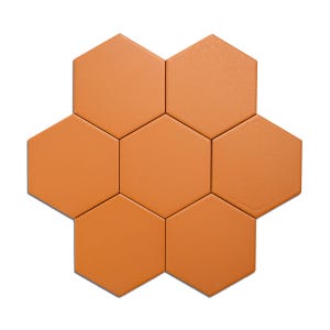 May include: Seven orange hexagonal tiles arranged in a flower-like pattern. The tiles have a matte finish and are a warm, earthy tone. The arrangement is centered on a white background, showcasing the tiles' shape and color.