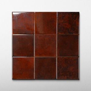 May include: Nine square, glossy, reddish-brown tiles arranged in a 3x3 grid. The tiles have a mottled appearance, with variations in color and texture. The overall effect is a warm, earthy aesthetic, suitable for a variety of design applications.