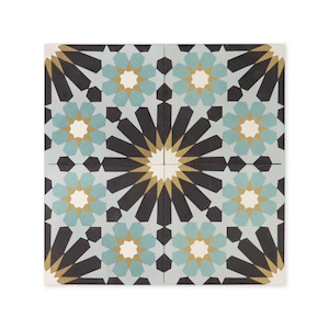 May include: Four square ceramic tiles with a geometric pattern in shades of blue, black, and gold. The pattern features a repeating starburst design.