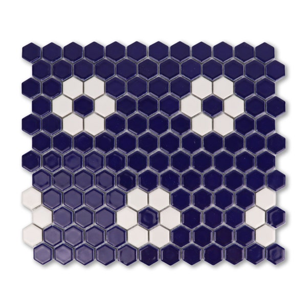 Metro Hex Glossy Cobalt Blue with White Flower Porcelain Mosaic Tile, 10" x 12" - box of 8.28 sq ft