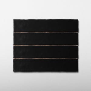 May include: A rectangular arrangement of four black tiles with a textured surface. The tiles are arranged horizontally, with a thin, light-colored line separating each tile. The tiles are likely for use in a home decor project.