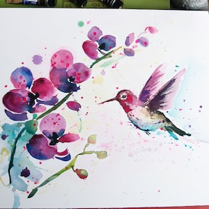 Puede incluir: Pintura acuarela de un colibrí en vuelo con flores de orquídea rosa. La pintura está sobre papel blanco y tiene un passe-partout rojo.