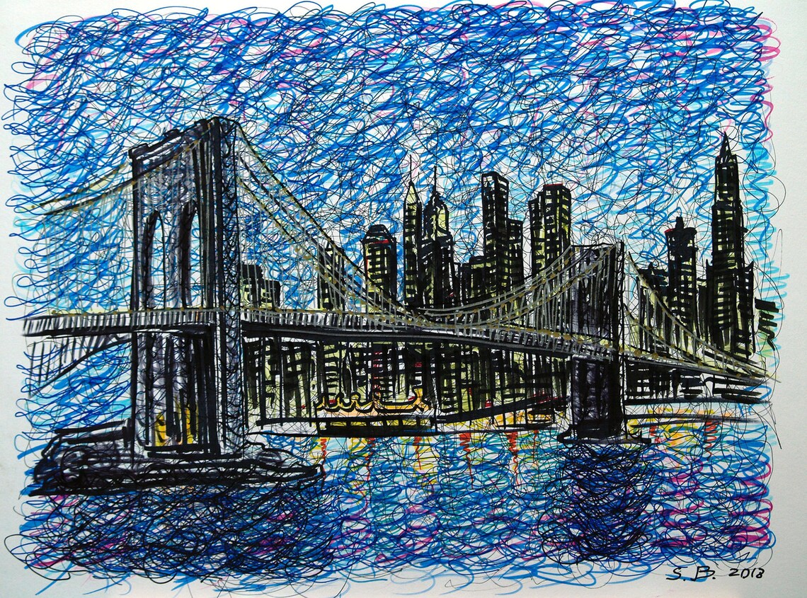 Brooklyn Bridge Original Drawing Made With Inkmarkers Etsy