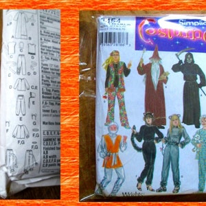 May include: A sewing pattern package for Simplicity Costumes, featuring eight different costumes: a hippie, a wizard, a grim reaper, a cat, a ninja, a cat, a ghost, and pajamas. The pattern number is 1154.