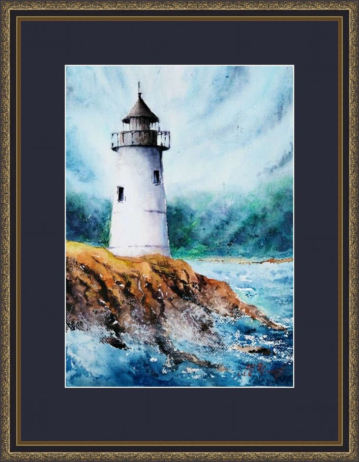 オリジナル水彩画 海辺の絵 海の風景の水彩画 灯台の絵 海の絵