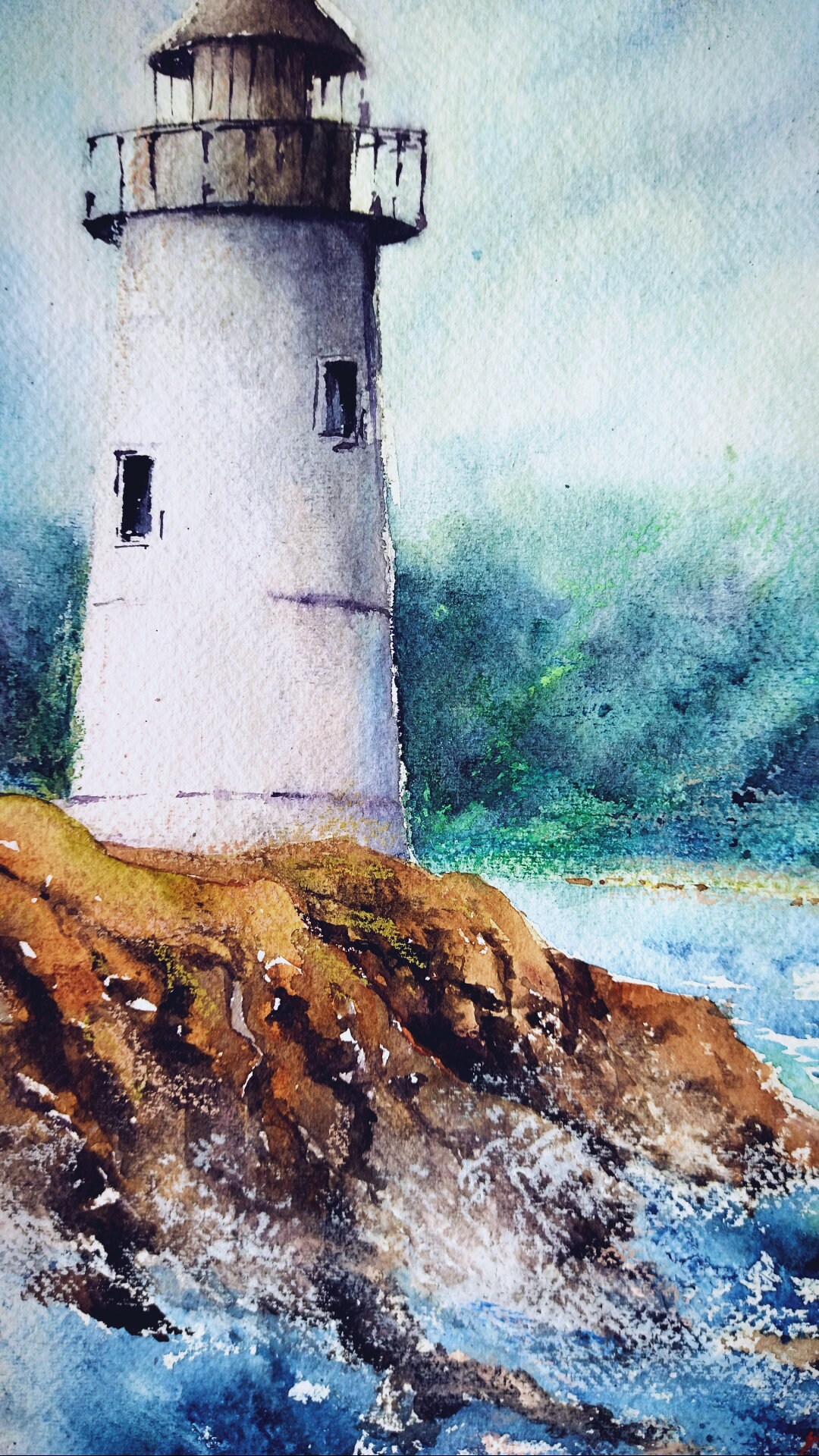 オリジナル水彩画 海辺の絵 海の風景の水彩画 灯台の絵 海の絵
