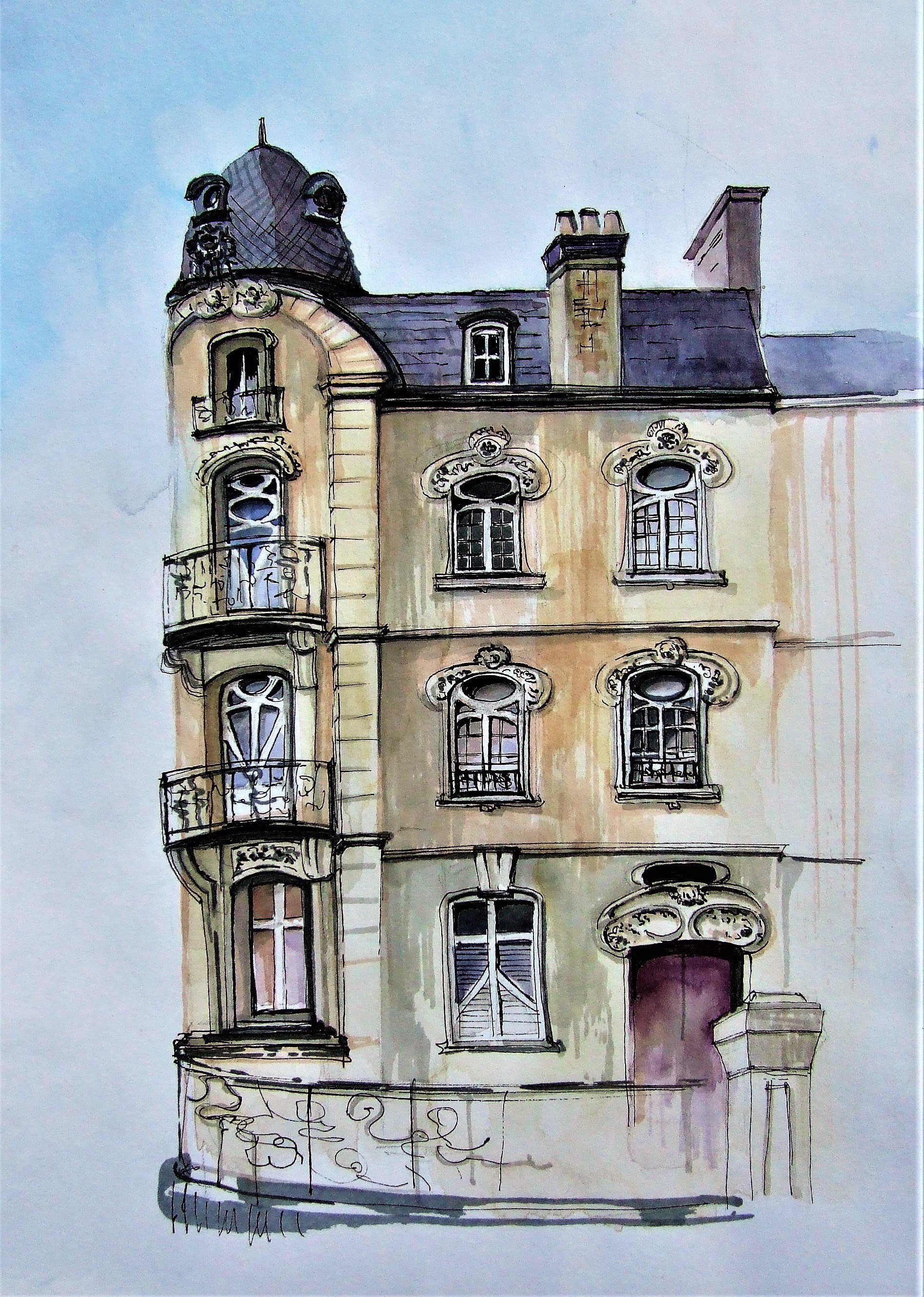 油絵 フランスの街並み ヴィンテージ 絵画 油絵 並木路のある街（フランス・ラマルク） （黒沢久