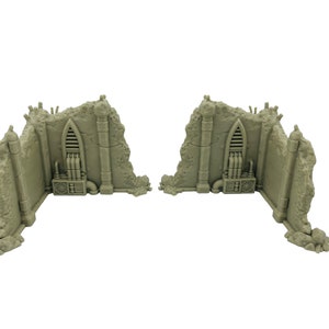 May include: Two light gray miniature wall sections featuring a ruined, jagged texture. Each piece includes a central arched window with vertical slats, a rectangular mechanical unit with pipes, and vertical support pillars on both ends.