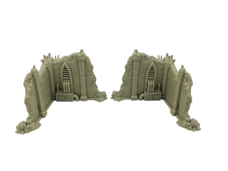 May include: Two light gray miniature wall sections featuring a ruined, jagged texture. Each piece includes a central arched window with vertical slats, a rectangular mechanical unit with pipes, and vertical support pillars on both ends.