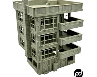 May include: A 3D printed model of a gray, multi-story building with balconies and windows. The building has a flat roof and a textured exterior. The model is made by Panhandle 3D LLC.