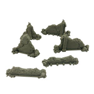 May include: A collection of gray miniature building ruins, perfect for tabletop gaming or model displays. The pieces feature detailed textures and varying shapes, including walls and fragmented structures. The overall aesthetic suggests a post-apocalyptic or historical theme.