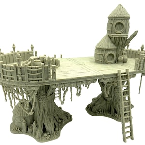 May include: A detailed, light gray miniature treehouse with a wooden deck, a small tower, and a ladder. The treehouse is supported by large, textured tree trunks and features intricate details like rope railings and thatched roofs. Perfect for tabletop gaming.