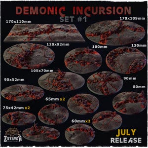 May include: A collection of miniature bases labeled Demonic Incursion Set #1, featuring a cracked dark grey terrain texture with glowing orange lava fissures. Sizes include 170x110mm, 170x109mm, 120x92mm, 105x70mm, 100mm, 130mm, 90x52mm, 90mm, 80mm, 75x42mm, 65mm, and 60mm.