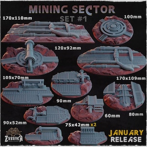 May include: A collection of gray miniature mining sector terrain pieces, including platforms, pipes, and structures, set on reddish-brown bases. The set includes pieces of various sizes, with the largest measuring 170x110mm. The text "MINING SECTOR SET #1" is at the top.