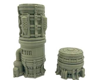 May include: Two gray, futuristic-looking structures. One is tall and cylindrical, with detailed piping and mechanical elements. The other is shorter and round, with similar design features. Both are likely for a science fiction or tabletop game.