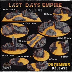 May include: A set of 10 resin gaming bases for miniature figures, featuring a ruined cityscape theme. The bases are various sizes, ranging from 60mm to 170mm in diameter. The bases are painted in a dark gray and brown color scheme, with a yellow-orange sand-like texture.