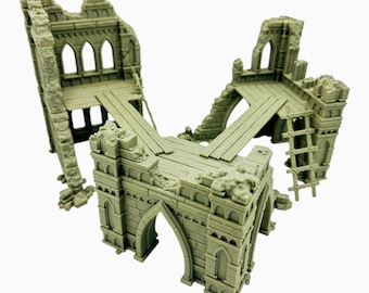Op de afbeelding: Een 3D-geprint model van een verwoest gebouw met een brug die twee secties verbindt. Het model is gemaakt van lichtgroen plastic en heeft een gedetailleerd ontwerp. Het gebouw heeft bogen, ramen en een ladder.