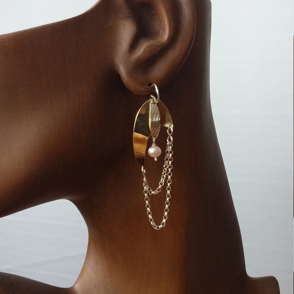 Bi metal, bronze silver pearl earrings, chain modern boho style earrings, mixed metal unique design long dangling  earrings.