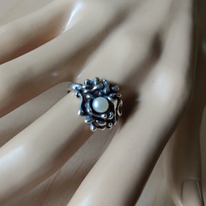 Organic silver and pearl ring, Nature ring oxidized with sweet water pearl, exclusive design.