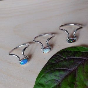 Delicate modern opal silver ring, Lab opal, white opal ring, blue opal ring, black opal ring, set not glued.
