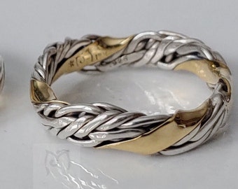 18K solid gold and silver braided handmade ring, Exclusive design gold sheet ring twisted with silver.