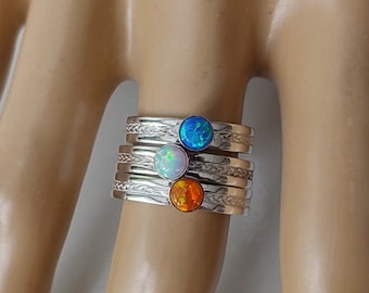 Opal Solitaire Delicate braided silver ring. Blue Opal, Black Opal, orange Opal, Stackable Dainty Lab Opal ring.