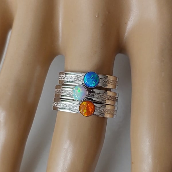 Opal Solitaire Delicate braided silver ring. Blue Opal, Black Opal, orange Opal, Stackable Dainty Lab Opal ring.