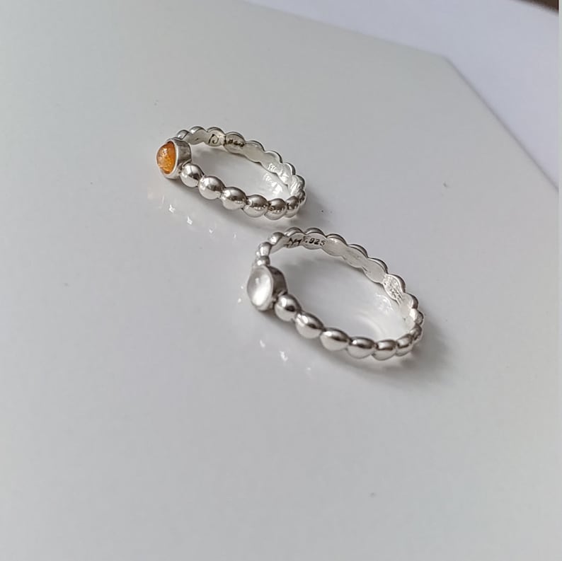 Sunstone dainty silver ring Delicate solitaire stackable ring with natural stone Half beaded all around. Natural Moonstone 4mm