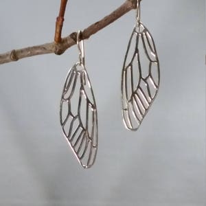May include: Silver earrings with a delicate, intricate design resembling a dragonfly wing.